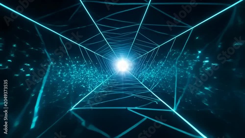 Digital abstract background with glowing cyan geometric tunnel, perspective lines, futuristic technology glow, dark blue motion, web line scene