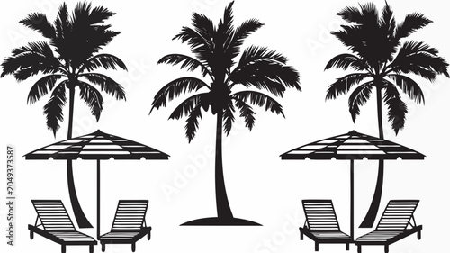 Tropical beach vector graphic with palm trees, lounge chairs and umbrellas on transparent background, featuring a serene and relaxing summer vacation design element.