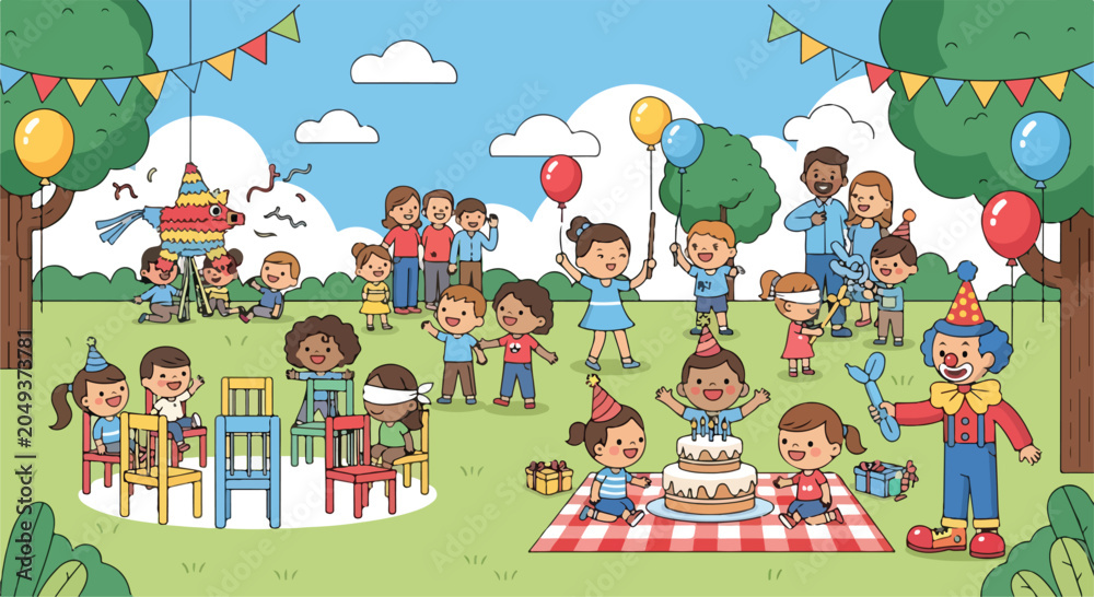 Obraz premium A vibrant outdoor birthday party with children playing and celebrating