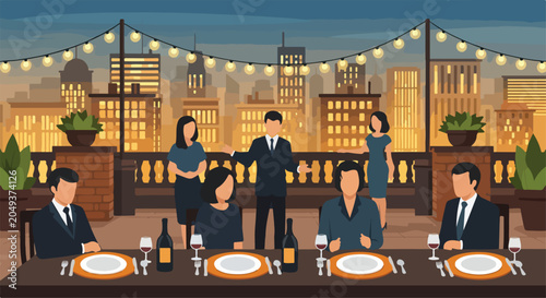 A group of people are dining on a rooftop