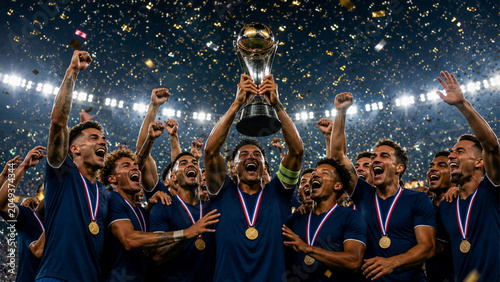 Champion Soccer Team Celebrating Trophy Victory Under Confetti