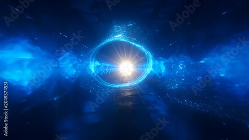 Digital abstract background with blue light, bright crystal tunnel, dynamic futuristic geometry and glowing energy, abstract blue background tunnel motion in dark space