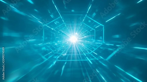 Digital abstract background with glowing blue light tunnel, radiant center, futuristic cyan corridor, linear perspective, motion blur, energy beam glow
