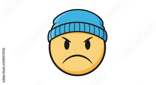 Bild auf Leinwand Angry yellow emoji face wearing a blue winter beanie hat