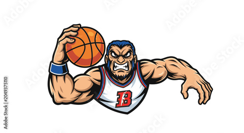Aggressive muscular basketball player mascot holding ball on white background