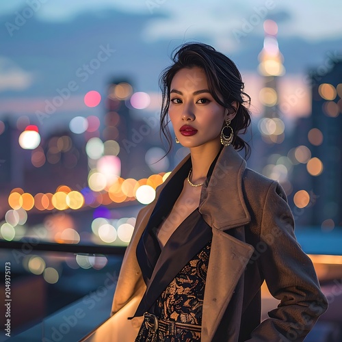 A woman in a brown leather jacket poses against a cityscape at dusk