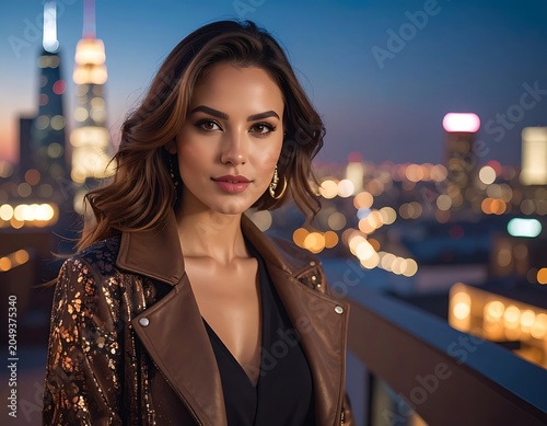 A woman in a brown sequined jacket standing on a city rooftop