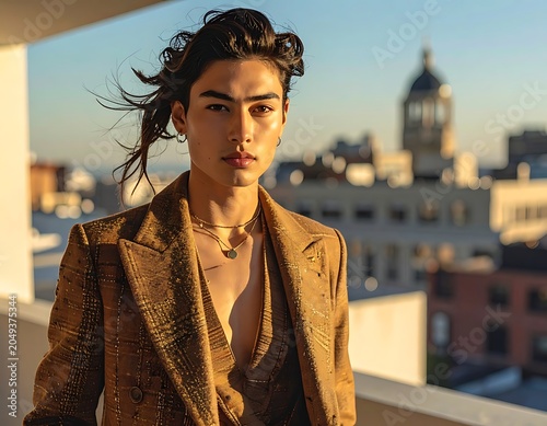 A woman in a brown suit stands on a balcony overlooking the city
