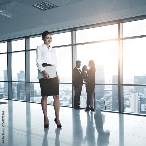 A woman in a business setting looks out a window at a city