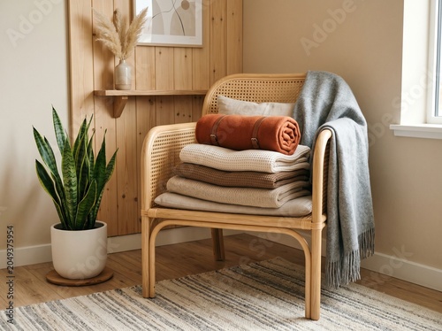 Cozy Scandinavian Interior Corner with Rattan Chair and Stacked Warm Blankets