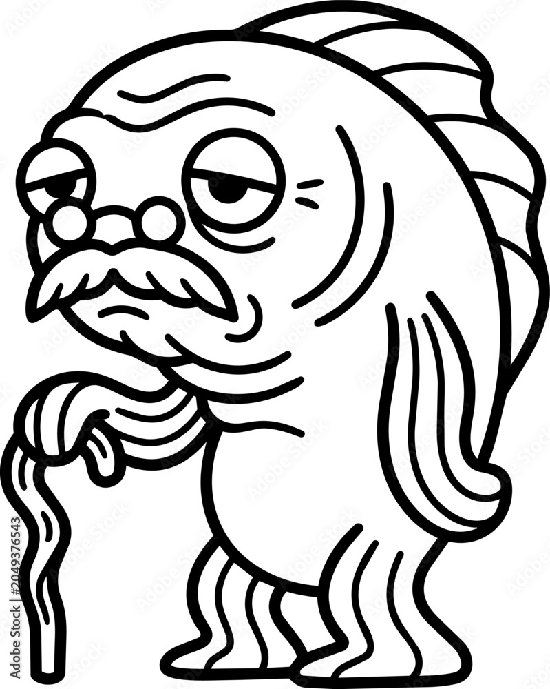 Fototapeta premium Elderly Fish Character with Cane and Glasses, Cartoon Style