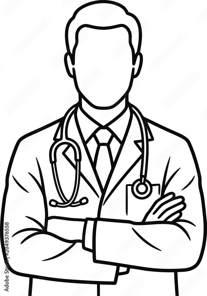 Fototapeta premium Black and white line art illustration of a doctor with stethoscope.