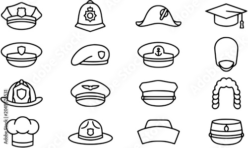 Photos Black and White Line Art Icons of Various Professional Uniform Hats, Caps, and W