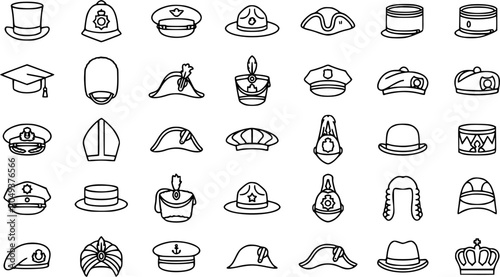 Photos Black and White Line Art Icons of Various Historical Hats and Headwear