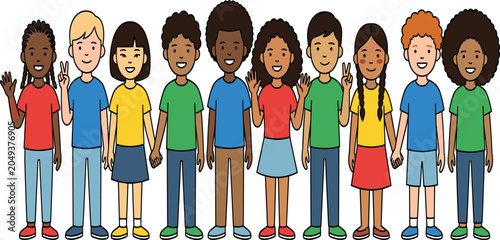 Foto Diverse multiethnic group of children standing together hand in hand smiling car