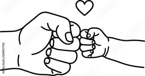 Black and white line art illustration of an adult fist bumping a baby hand with a heart icon.