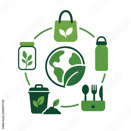 Eco friendly lifestyle and zero waste concept vector icon set