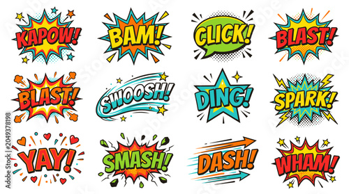 Colorful comic blast sound effects with kapow and bam.