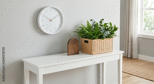 Minimalist Bright Entryway Console Table with Woven Plant Basket and Modern Wall Clock