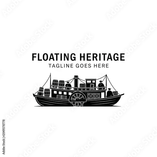 Εκτύπωση καμβά Intricate black and white illustration of a classic steamship loaded with cargo, ideal for shipping, riverboat tours, or historic trade branding