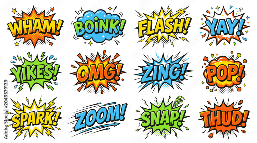 Obraz premium Colorful comic book sound effect bubbles set on white.