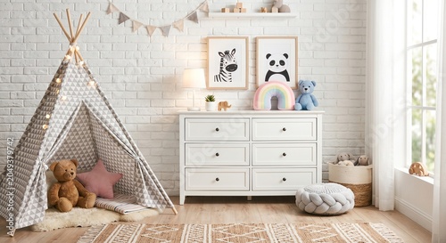 Modern Bright Nursery Room Decor with Animal Posters and Plush Toys