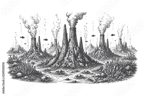 Foto Detailed vintage engraving style vector illustration of underwater hydrothermal