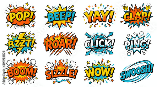 Colorful onomatopoeia speech bubbles for comic design.