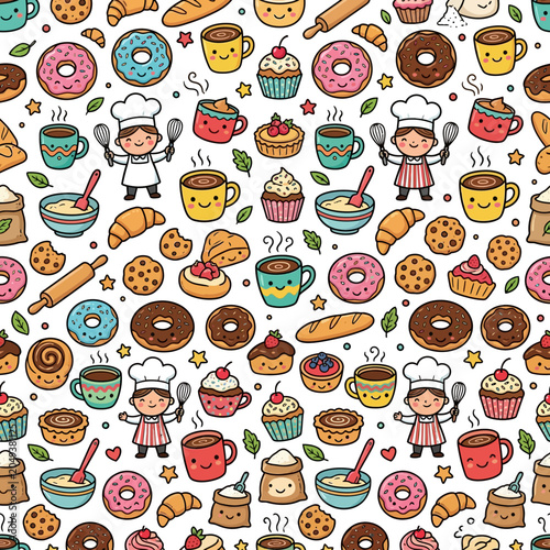 Schilderij op canvas Doodle bakery pattern with chef items