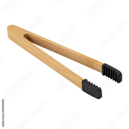Bamboo kitchen tongs with black tips isolated on transparent background