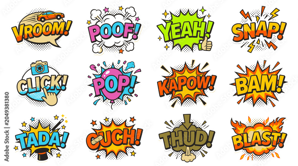 Naklejka premium Colorful onomatopoeia speech bubbles collection for comic art.