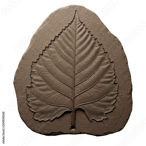 Ancient leaf fossil impression on sedimentary rock isolated on transparent