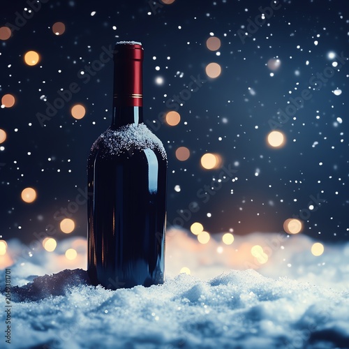 Authentic lifestyle concept Wine bottle in snow with festive lights. natural candid visual scene for modern advertising campaign diverse emotional atmosphere professional stock content commercial st