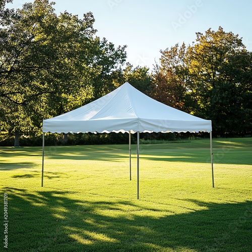 Authentic lifestyle concept White event tent on green grass under sunlight. natural candid visual scene for modern advertising campaign diverse emotional atmosphere professional stock content commer