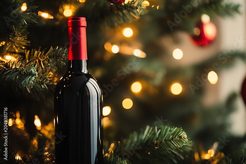 Authentic lifestyle concept Wine bottle near a decorated Christmas tree. natural candid visual scene for modern advertising campaign diverse emotional atmosphere professional stock content commercia