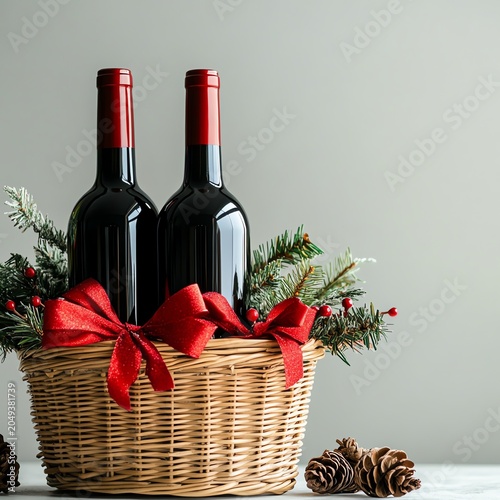 Authentic lifestyle concept Wine gift basket with festive decorations. natural candid visual scene for modern advertising campaign diverse emotional atmosphere professional stock content commercial