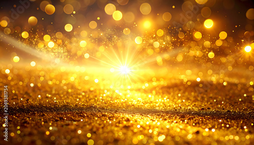 Abstract golden glitter background with bright light flare and bokeh, festive and luxurious atmosphere