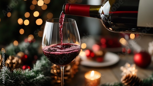 Authentic lifestyle concept Wine pouring into glass with festive decorations. natural candid visual scene for modern advertising campaign diverse emotional atmosphere professional stock content comm