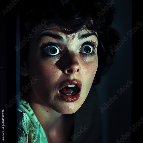 Authentic lifestyle concept Woman expressing shock and surprise in dim light. natural candid visual scene for modern advertising campaign diverse emotional atmosphere professional stock content comm