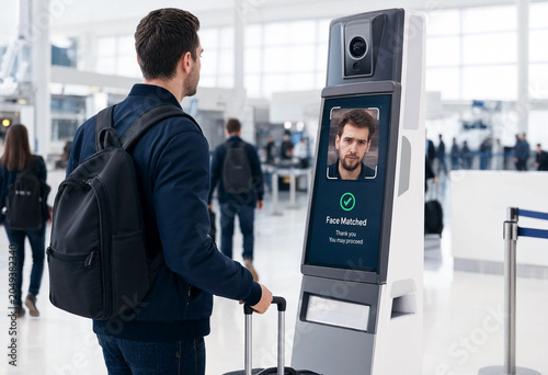 Traveler using biometric facial recognition kiosk at airport terminal