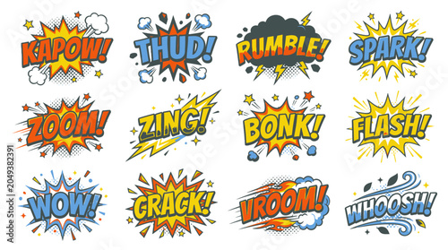 Comic sound effects labels with grit and action textures.