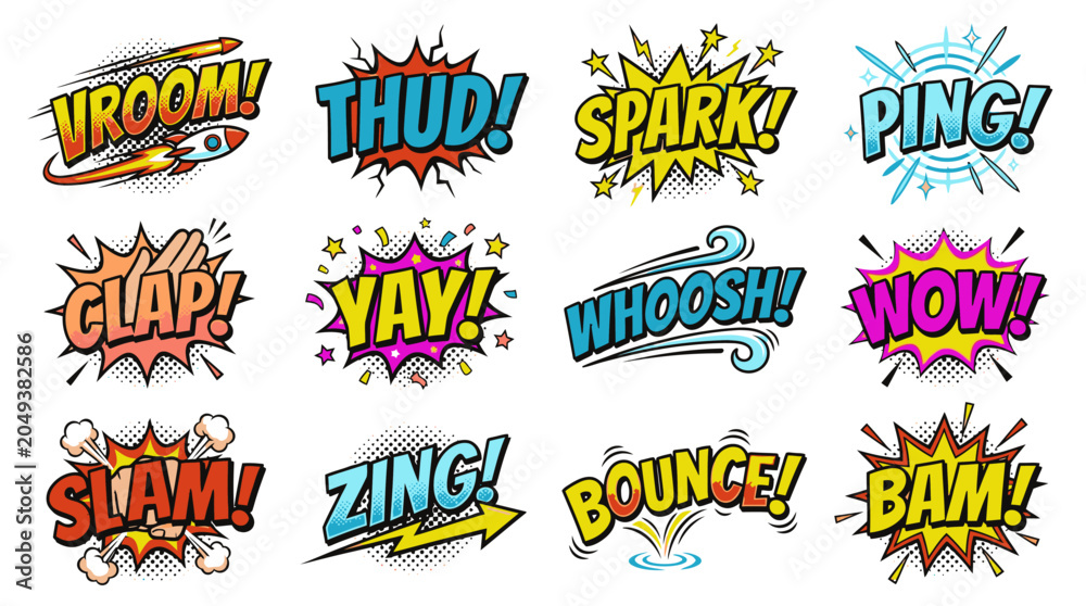 Naklejka premium Colorful retro comic book sound effect bubble stickers