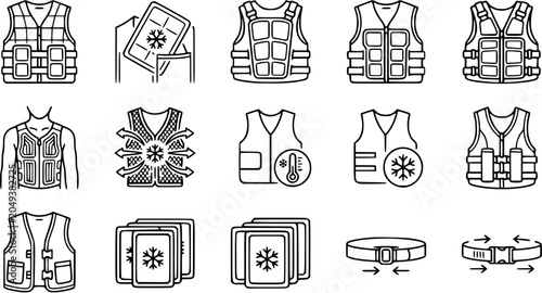 Fotografia Cooling Vests  Personal Cooling Equipment Black  White Line Art Icons Set