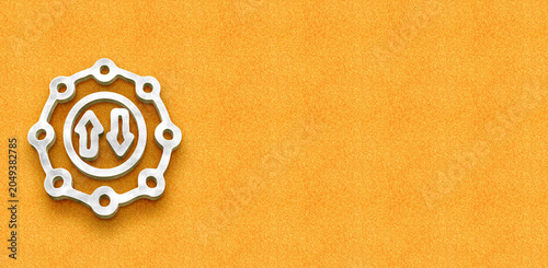 Technical network optimization icon showing bidirectional data flow within a gear system