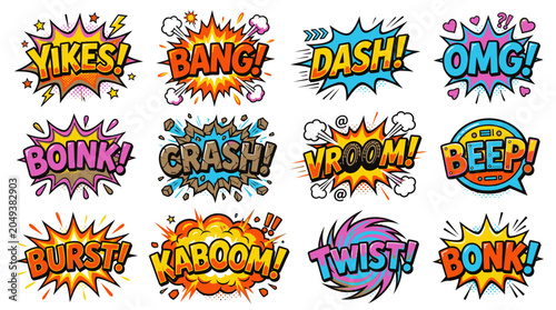 Comic book sound effects yikes bang dash crash vroom.