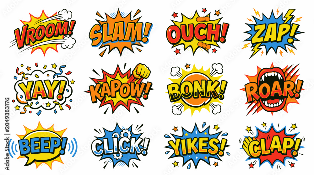 Naklejka premium Dynamic Comic Book Sound Effects with Action Expressions