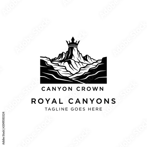 Bild auf Leinwand Detailed black and white landscape emblem featuring rugged mountains and a crowning summit, perfect for nature-focused organizations and hiking brands