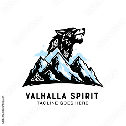 Tableau sur toile Combine nature and mythology with this striking wolf head and snowy mountain emblem, featuring intricate Celtic knotwork for a heritage-inspired outdoor or apparel brand