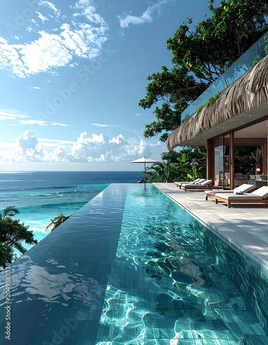 A serene infinity pool overlooking a vast ocean view