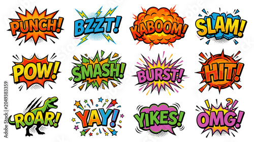 Combat comic sound effects stickers punch smash and kaboom.